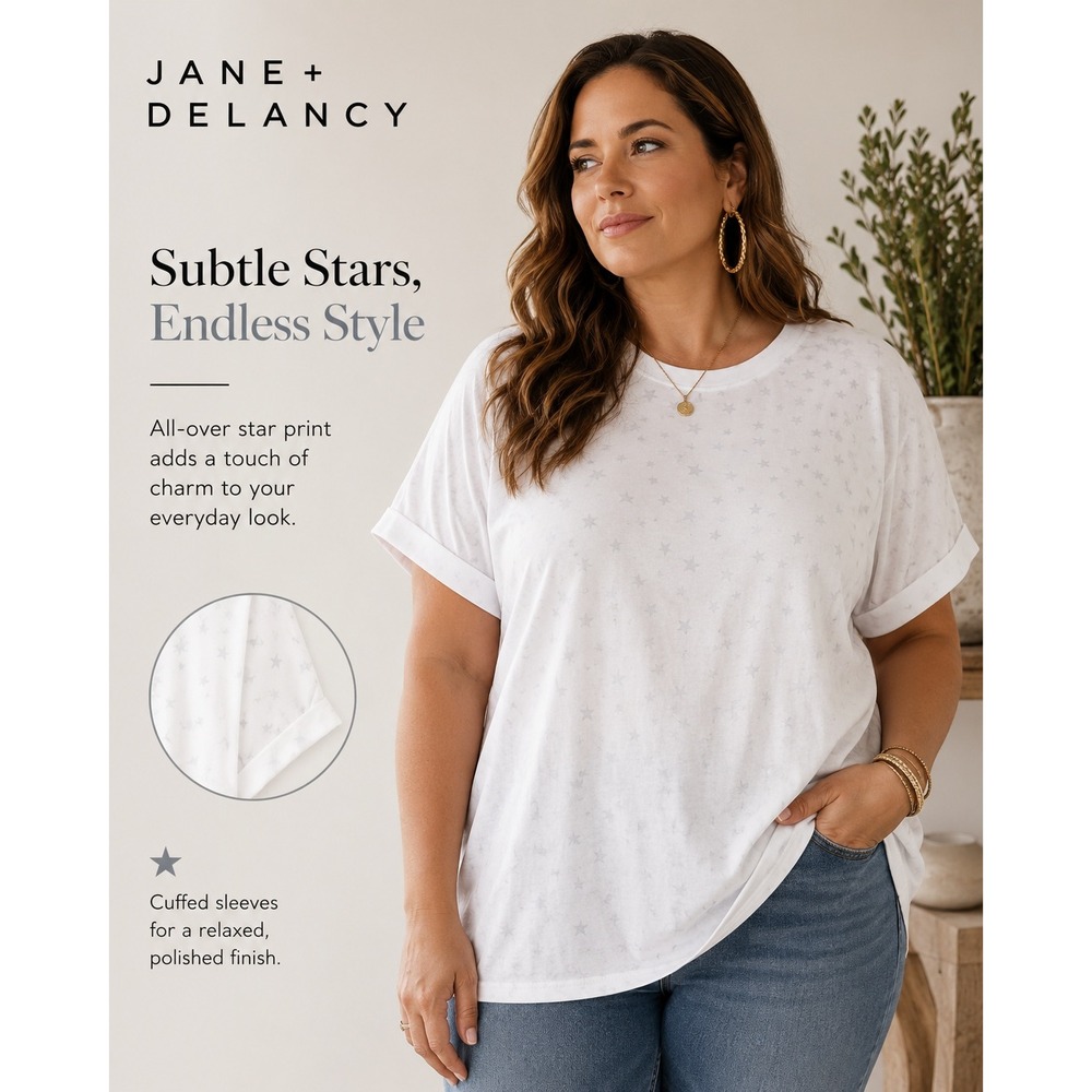 NEW Jane + Delancy White Star Print Oversized T Shirt Top Women's Plus Size 2X